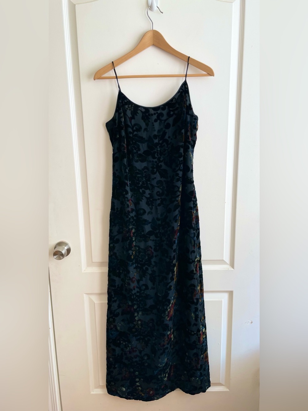 Vtg 1990s Oleg Cassini Black Tie Burnout Velvet Multicolor Maxi Dress 10